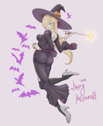 Rule 34 | 1girl, alternate costume, ass, bat (animal), black thighhighs, blonde hair, blue eyes, breasts, dress, earrings, full body, hair over one eye, halloween, hat, high heels, highres, jewelry, kumanz, lipstick, long hair, long sleeves, looking at viewer, looking back, makeup, mario (series), mario kart, mario kart tour, nintendo, purple background, rosalina, rosalina (halloween), simple background, skin tight, smile, solo, star (symbol), star earrings, super mario galaxy, thighhighs, thighs, wand, witch, witch hat