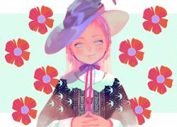 Rule 34 | 1girl, animated, animated gif, aqua eyes, blue flower, blush, earrings, flower, hat, jewelry, long hair, long sleeves, looking at viewer, original, own hands together, red flower, red ribbon, ribbon, satomatoma, smile, solo, upper body, white flower, witch hat