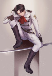 Rule 34 | 1boy, ace attorney, ascot, asymmetrical bangs, belt, black belt, black footwear, black hair, boots, closed mouth, full body, gloves, grey background, holding, holding sword, holding weapon, izayoi (hosiume-sukonnbu), jacket, katana, kazuma asogi, long sleeves, looking at viewer, male focus, one eye closed, pants, red ascot, short hair, sitting, solo, spoilers, sword, the great ace attorney, the great ace attorney: adventures, weapon, white gloves, white jacket, white pants