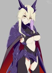 Rule 34 | 1girl, absurdres, arm guards, armor, artoria pendragon (fate), artoria pendragon (lancer) (fate), artoria pendragon (lancer alter) (fate), blonde hair, bodysuit, breasts, cape, cleavage, cloak, commentary request, fate/grand order, fate (series), girdle, grey background, hair between eyes, highres, hip armor, hip vent, horns, large breasts, lipstick, long hair, looking at viewer, makeup, mattari yufi, navel, parted lips, shoulder armor, sidelocks, solo, standing, underboob, unitard, upper body, yellow eyes