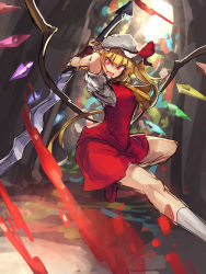 Rule 34 | 1girl, arms up, blonde hair, blood, blood splatter, dress, flandre scarlet, hat, hat ribbon, highres, laevatein, melon22, mob cap, open mouth, red dress, red eyes, ribbon, shirt, side ponytail, solo, touhou, wings