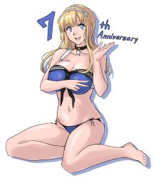 Rule 34 | 1girl, barefoot, bikini, blonde hair, blue bikini, blue eyes, breasts, double bun, fletcher (kancolle), hair ornament, hairband, highres, kantai collection, large breasts, long hair, one-hour drawing challenge, open hand, open mouth, smile, solo, sozan, star (symbol), star hair ornament, string bikini, swimsuit, v