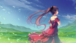 Rule 34 | 1girl, bare shoulders, black bow, bow, breasts, brown hair, cloud, cloudy sky, collar, commentary request, dress, floating hair, grass, hair bow, hand on own chest, landscape, long hair, looking away, mountainous horizon, original, ponytail, red dress, red eyes, sky, small breasts, solo, tenmaso, wind