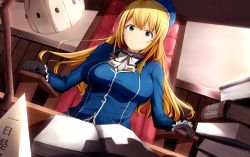 10s 1girl 8gou atago_(kancolle) blonde_hair book breasts female_focus gloves greek_text green_eyes hat kantai_collection lamp large_breasts long_hair looking_at_viewer sitting smile solo