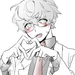 Rule 34 | 1boy, benjamin (project moon), black shirt, blush, coat, collared shirt, glasses, green eyes, grey hair, heart, heart hands, lab coat, lobotomy corporation, long sleeves, male focus, necktie, open mouth, portrait, project moon, red necktie, shirt, simple background, smile, solo, solo a, sweat, white background, white coat