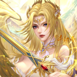 Rule 34 | 1girl, angel wings, artist request, bare shoulders, blonde hair, blue eyes, braid, breasts, closed mouth, detached collar, detached sleeves, douluo dalu, dress, expressionless, hair ornament, highres, holding, holding sword, holding weapon, large breasts, lightning, long hair, qian renxue (douluo dalu), second-party source, solo, sword, upper body, weapon, white dress, wings