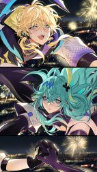 Rule 34 | 0nashiro, 2boys, androgynous, aqua eyes, aqua hair, arena of valor, blonde hair, blue eyes, blush, fireworks, highres, laville (arena of valor), light green hair, looking at another, male focus, multicolored hair, multiple boys, official alternate costume, official alternate hair color, parted lips, purple eyes, yaoi, zata (arena of valor)