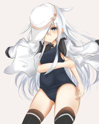 Rule 34 | 10s, 1girl, black thighhighs, blue eyes, blush, covered navel, cowboy shot, eve (kenzen), hat over one eye, hibiki (kancolle), highres, kantai collection, long hair, looking at viewer, one-piece swimsuit, open clothes, open shirt, school swimsuit, school uniform, serafuku, shirt, shirt on shoulders, solo, swimsuit, thighhighs, verniy (kancolle), white hair