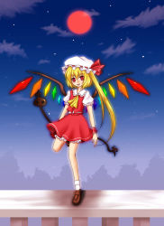Rule 34 | 1girl, blonde hair, female focus, flandre scarlet, hat, laevatein, miyoshi, mob cap, moon, night, one side up, red eyes, red moon, side ponytail, solo, touhou, wings