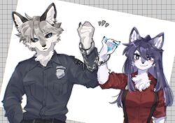 Rule 34 | 1boy, 1girl, :3, animal ear fluff, animal ears, animal hands, black eyes, black shirt, blue eyes, body fur, bound together, bright pupils, claws, closed mouth, collared shirt, cuffed, cuffs, furry, furry female, grey background, grey fur, grey hair, grid background, hand up, handcuffs, highres, looking at another, original, police, police badge, police uniform, rata (norahasu), red shirt, shirt, short hair, smile, suspenders, uniform, upper body, white background, white fur, wolf boy, wolf ears, wolf girl