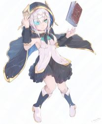 Rule 34 | 1girl, arm up, ars almal, black cape, black footwear, black skirt, black sleeves, blue eyes, blush, book, boots, breasts, cape, commentary, detached sleeves, english commentary, floating, floating book, floating object, full body, glowing, glowing eye, hair between eyes, hand up, highres, hikari niji, hood, hood up, hooded cape, knee boots, medium breasts, nijisanji, parted lips, puffy short sleeves, puffy sleeves, see-through, see-through sleeves, shirt, short sleeves, silver hair, simple background, skirt, sleeveless, sleeveless shirt, solo, twitter username, virtual youtuber, white background, white shirt