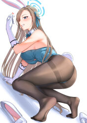 Rule 34 | 1girl, all fours, animal ears, arm support, armpit crease, ass, asuna (blue archive), asuna (bunny) (blue archive), blue archive, blue bow, blue bowtie, blue eyes, blue leotard, blue ribbon, blush, bow, bowtie, breasts, brown hair, brown pantyhose, collar, commentary request, detached collar, dutch angle, elbow gloves, eyelashes, fake animal ears, fake tail, feet, fine fabric emphasis, from side, full body, gloves, hair over one eye, hair ribbon, hairband, halo, hand up, high heels, highleg, highleg leotard, kyuuso inukami, large breasts, legs, leotard, long hair, looking at viewer, no shoes, official alternate costume, pantyhose, parted bangs, partial commentary, playboy bunny, rabbit ears, rabbit tail, ribbon, shadow, shoes, unworn shoes, sideboob, simple background, soles, solo, strapless, strapless leotard, tail, teeth, thighband pantyhose, thighs, toes, white background, white collar, white footwear, white gloves, white hairband