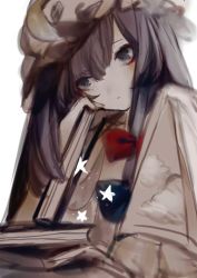 Rule 34 | 1girl, :|, blue bow, book, bow, closed mouth, crescent, dress, eyeshadow, grey eyes, hair between eyes, hair bow, hand on own cheek, hand on own face, hat, head tilt, highres, holding, holding book, long hair, makeup, mob cap, patchouli knowledge, purple eyes, purple hair, red bow, solo, star (symbol), touhou, white dress, zhixie jiaobu