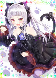 Rule 34 | 1girl, animal ear fluff, animal ears, bare shoulders, black bow, black dress, blunt bangs, blush, bow, brooch, brown eyes, cat ears, cat girl, cat tail, center frills, chain print, choker, collarbone, commentary request, criss-cross halter, detached sleeves, dress, dress bow, fang, frilled choker, frilled dress, frilled ribbon, frills, gothic lolita, hair ribbon, halter dress, halterneck, highres, hololive, jewelry, juliet sleeves, layered dress, lolita fashion, long hair, long sleeves, murasaki shion, murasaki shion (gothic lolita), open mouth, pantyhose, paw pose, pinstripe dress, pinstripe pattern, print pantyhose, puffy sleeves, purple pantyhose, ribbon, shihaku rare, short dress, short eyebrows, sidelocks, silver hair, sleeveless, sleeveless dress, solo, star (symbol), striped, tail, tail bow, tail ornament, twintails, virtual youtuber, wide sleeves, yellow eyes
