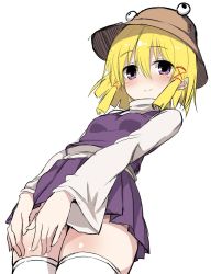 Rule 34 | 1girl, blonde hair, blush, colorized, covering privates, dutch angle, from below, greatmosu, hair ornament, hair ribbon, hat, highres, long sleeves, looking at viewer, md5 mismatch, miniskirt, moriya suwako, purple eyes, resized, resolution mismatch, ribbon, shirt, short hair, simple background, sketch, skirt, skirt set, smile, solo, source larger, thighhighs, touhou, turtleneck, white background, white thighhighs, wide sleeves, zettai ryouiki
