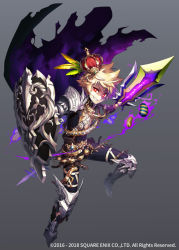 Rule 34 | 1boy, armor, black background, black bodysuit, blonde hair, bodysuit, cape, chaos jack, crown, full body, gradient background, grimms notes, grin, jewelry, male focus, official art, polearm, red eyes, sacanahen, shield, smile, solo, spear, teeth, torn cape, torn clothes, weapon
