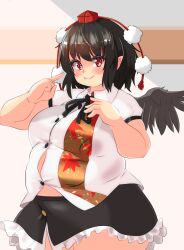 Rule 34 | 1girl, alternate body size, bird wings, black hair, black skirt, black wings, blush, breasts, buttons, clenched hand, closed mouth, commentary request, cowboy shot, fat, frilled skirt, frills, grey background, hat, highres, large breasts, looking at viewer, nerizou, open hand, pointing, pointing at self, pointy ears, red eyes, red hat, shameimaru aya, short sleeves, skirt, solo, split mouth, thick thighs, thighs, tokin hat, touhou, white background, wing collar, wings
