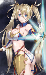 Rule 34 | 1girl, armor, ass, bare shoulders, bikini, blonde hair, blue eyes, blush, bradamante (fate), bradamante (third ascension) (fate), braid, breasts, butt crack, cleavage, elbow gloves, energy barrier, energy shield, enporion, fate/grand order, fate (series), faulds, french braid, gloves, hair between eyes, hair ornament, highres, large breasts, long hair, looking at viewer, smile, solo, swimsuit, thigh strap, thighs, twintails, weapon, white gloves