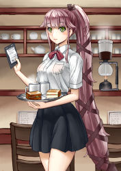 Rule 34 | 10s, 1girl, alternate costume, black skirt, blouse, blush, bread, breasts, cafe, chair, commentary request, cup, employee uniform, eyebrows, food, green eyes, hair flaps, hair ribbon, holding, holding tray, kantai collection, long hair, looking at viewer, mayura (lucadia), medium breasts, multiple girls, neck ribbon, pink hair, ponytail, restaurant, ribbon, shirt, short sleeves, skirt, tray, uniform, very long hair, white shirt, yura (kancolle)