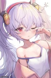 Rule 34 | 1girl, absurdres, animal ears, azur lane, bare shoulders, camisole, crop top, fake animal ears, hairband, hand up, highres, jacket, laffey (azur lane), lerome, long hair, looking at viewer, midriff, off shoulder, one eye closed, open clothes, open jacket, parted lips, rabbit ears, red eyes, resolution mismatch, rubbing eyes, shirt, sleeveless, sleeveless shirt, solo, source smaller, spaghetti strap, strap slip, twintails, upper body, white hair, white shirt