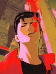 Rule 34 | 1boy, black eyes, black hair, cigarette, from below, highres, jacket, looking to the side, male focus, mito youhei, mouth hold, nongdon, pompadour, red jacket, slam dunk (series), smoke, smoking, solo, upper body
