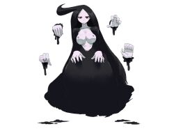 Rule 34 | 1girl, ahoge, black dress, black hair, bmp-to-png conversion, breasts, breasts out, closed mouth, collarbone, colored nipples, dress, expressionless, extra hands, floating, full body, game cg, ghost girl, ghost girl (mon-musu quest!), ghost pose, huge ahoge, large breasts, long hair, looking at viewer, mon-musu quest!, monster girl, nipples, non-web source, pale skin, red eyes, setouchi (blackse), simple background, slime (substance), solo, transparent background, very long hair