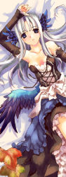 Rule 34 | 1girl, arm up, blue dress, blue wings, breasts, cleavage, corset, dress, from above, gwendolyn (odin sphere), hair down, long hair, looking at viewer, lying, mizuhara mei, odin sphere, on back, purple eyes, silver hair, solo, strapless, strapless dress, thighs, wings