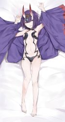 Rule 34 | 1girl, :d, absurdres, armpits, arms up, bare legs, bare shoulders, barefoot, bed sheet, blush, breasts, collarbone, dakimakura (medium), eyeshadow, fangs, fate/grand order, fate (series), from above, full body, headpiece, highres, horns, long sleeves, looking at viewer, looking up, lying, makeup, navel, on back, oni, open mouth, purple hair, revealing clothes, short hair, shuten douji (fate), shuten douji (first ascension) (fate), sideboob, silver (chenwen), small breasts, smile, solo, stomach, teeth, wide sleeves
