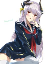 Rule 34 | 10s, 1girl, black serafuku, dragon girl, dragon horns, fate/extra, fate/extra ccc, fate/grand order, fate (series), grey hair, horns, kiyohime (fate), kiyohime (third ascension) (fate), long hair, necktie, pleated skirt, red eyes, school uniform, serafuku, simple background, skirt, solo, somechime (sometime1209), thighhighs, white background, white thighhighs, yellow eyes