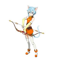 Rule 34 | 1girl, animal ears, arrow (projectile), bell, blue eyes, blue hair, bow (weapon), cat ears, cat tail, closed mouth, crop top, elbow gloves, fingerless gloves, full body, gloves, hair between eyes, highres, holding, holding arrow, holding bow (weapon), holding weapon, official art, orange shorts, short hair with long locks, short shorts, shorts, sidelocks, sinon (sao-alo), solo, standing, sword art online, tail, thighhighs, transparent background, weapon, white thighhighs, yellow gloves, zettai ryouiki