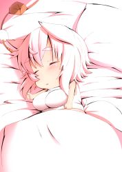 Rule 34 | 1girl, animal ears, bed, blanket, blush, breasts, chibi, commentary, fat, hat, highres, impossible clothes, inubashiri momiji, large breasts, pillow, pink hair, plump, shirt, shishi juuroku, short hair, sleeping, sleeveless, sleeveless turtleneck, solo, tail, thick eyebrows, tokin hat, touhou, turtleneck, under covers, wolf ears, wolf tail