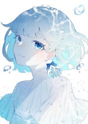 Rule 34 | 1girl, absurdres, blouse, blue eyes, blue hair, blue theme, bubble, corrupted file, earrings, highres, hitoba, jewelry, looking at viewer, ocean, original, shirt, short hair, simple background, smile, solo, white background, white shirt