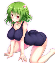 Rule 34 | 1girl, anger vein, ass, blush, breasts, cleavage, competition swimsuit, ebi 193, female focus, green hair, kazami yuuka, large breasts, md5 mismatch, one-piece swimsuit, red eyes, school swimsuit, short hair, simple background, sitting, solo, swimsuit, touhou, wariza, wavy mouth