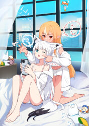 Rule 34 | ..., 2girls, ?, absurdres, alternate costume, animal ear fluff, animal ears, aqua eyes, bare legs, barefoot, bed, bed sheet, blush, breasts, brown hair, cellphone, cleavage, closed mouth, collarbone, commentary, crossed bangs, curtains, dark-skinned female, dark skin, elfriend (shiranui flare), feet, fox ears, fox girl, fox tail, full body, hands up, highres, holding, hololive, indoors, jacket, kneeling, knees up, legs, long hair, long sleeves, medium breasts, midriff, multicolored hair, multiple girls, navel, off shoulder, on bed, one eye closed, open clothes, open jacket, open mouth, phone, pillow, red eyes, sasaki (glass1138), shirakami fubuki, shiranui flare, short shorts, shorts, sidelocks, sitting, smartphone, spoken ellipsis, spoken question mark, streaked hair, sukonbu (shirakami fubuki), symbol-only commentary, tail, thighs, toes, virtual youtuber, white hair, white shorts, window