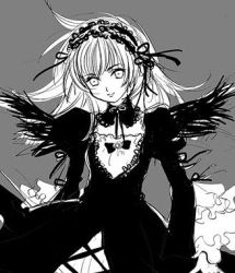 Rule 34 | 00s, 1girl, cross-laced clothes, dress, grey background, greyscale, hairband, lolita hairband, long sleeves, looking at viewer, lowres, monochrome, parted lips, rozen maiden, short hair, simple background, solo, suigintou, upper body, wings