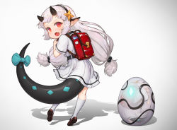 Rule 34 | bag, dress, egg, epic seven, highres, horns, long hair, looking at viewer, peachpa, pointy ears, red eyes, ribbon, school bag, tail, white background, white hair, aged down, yufine (epic seven)
