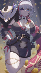 Rule 34 | 1girl, animal, animal on shoulder, belt, beridot (rxgs8838), black gloves, black shorts, blue eyes, breasts, coin, detached sleeves, earpiece, gloves, grey hair, hair intakes, hands on own hips, highres, honkai: star rail, honkai (series), large breasts, mole, mole on thigh, multicolored hair, numby (honkai: star rail), shorts, smile, streaked hair, thighs, topaz (honkai: star rail), trotter (honkai: star rail)