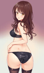 Rule 34 | 1girl, :o, ass, bare arms, bare shoulders, black bra, black panties, bra, breasts, brown hair, brown thighhighs, cowboy shot, curly hair, expressionless, from behind, gradient background, highres, light blush, lips, long hair, looking at viewer, looking back, medium breasts, n.g., open mouth, original, panties, solo, standing, string panties, swept bangs, thighhighs, twisted torso, underwear, underwear only, yellow eyes