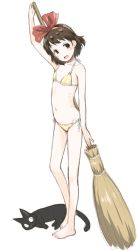 Rule 34 | 1girl, :d, animal, arm up, bare arms, bare legs, bare shoulders, barefoot, bikini, black cat, bow, broom, brown eyes, brown hair, cat, commentary, flat chest, full body, hair bow, hairband, jiji (majo no takkyuubin), kiki (majo no takkyuubin), kokekokko coma, looking at viewer, majo no takkyuubin, navel, open mouth, red bow, red hairband, short hair, side-tie bikini bottom, simple background, smile, solo, standing, stomach, swimsuit, white background, yellow bikini