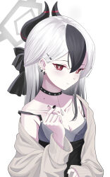 Rule 34 | 1girl, bare shoulders, black dress, black hair, blue archive, blush, breasts, choker, collarbone, dress, grey jacket, hair between eyes, hair ribbon, halo, highres, horns, jacket, kayoko (blue archive), kayoko (dress) (blue archive), long hair, long sleeves, looking at viewer, mishiro (ixtlolton), multicolored hair, off shoulder, red eyes, ribbon, short dress, sidelocks, small breasts, solo, two-tone hair, white background, white hair