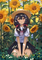 Rule 34 | 1girl, :o, absurdres, black hair, black sailor collar, black skirt, brown eyes, commentary request, copyright request, day, field, flower, flower field, hair ornament, hair ribbon, hat, highres, kgt (pixiv12957613), light blush, looking at viewer, neck ribbon, outdoors, parted lips, pleated skirt, red ribbon, ribbon, sailor collar, school uniform, serafuku, shirt, short sleeves, sitting, skirt, solo, straw hat, sunflower, sunflower field, white shirt, x hair ornament