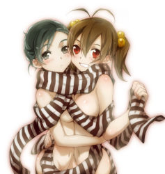 Rule 34 | 2girls, :&lt;, antenna hair, blush, breast press, breasts, brown hair, bunbun, from side, green eyes, green hair, grin, hair between eyes, hair bobbles, hair ornament, hug, large breasts, looking at viewer, medium breasts, multiple girls, naked scarf, nude, original, red eyes, scarf, shared clothes, shared scarf, simple background, smile, striped clothes, striped scarf, symmetrical docking, underboob, yuri
