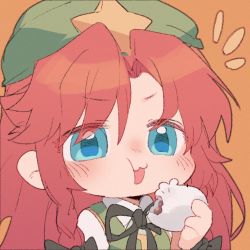 Rule 34 | 1girl, :3, baozi, blue eyes, blush, braid, chibi, eating, face, fang, food, hat, holding, holding food, hong meiling, liangyilin, long hair, looking at viewer, open mouth, red hair, simple background, solo, touhou, twin braids
