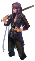 Rule 34 | 1boy, belt, blue eyes, bracelet, closed mouth, gem, hair between eyes, hand on own hip, holding, holding sword, holding weapon, jewelry, katana, male focus, medium hair, nnnnanno, over shoulder, purple eyes, simple background, sleeves rolled up, smile, solo, standing, sword, tales of (series), tales of vesperia, weapon, weapon over shoulder, white background, yuri lowell