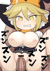 Rule 34 | 1boy, 1girl, bar censor, black vest, blonde hair, blush, body freckles, bow, breasts, breasts out, buttons, censored, cleavage, cleavage cutout, clenched teeth, clothing cutout, commentary, cookie (touhou), freckles, hair between eyes, hat, hat bow, hetero, hospital king, kirisame marisa, kohaku (cookie), large breasts, long bangs, long sleeves, motion lines, nipples, orange bow, orange scarf, penis, pussy, reverse suspended congress, scarf, sex, sex from behind, shirt, short hair, simple background, solo focus, teeth, touhou, vest, white background, white shirt, witch hat, yellow eyes