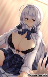 Rule 34 | 1boy, 1girl, absurdres, ahoge, arashiki mamizu, artist name, azur lane, black bow, black bra, blue eyes, blue neckwear, blue skirt, blush, bow, bow bra, bowtie, bra, breasts, cleavage, closed mouth, commentary request, dress shirt, hair ribbon, highres, huge breasts, illustrious (azur lane), indoors, lace, lace bra, large breasts, long hair, long sleeves, looking at viewer, miniskirt, mole, mole under eye, navel, on person, open clothes, open shirt, pleated skirt, ribbon, school uniform, shirt, sidelocks, skirt, smile, tress ribbon, tri tails, twitter username, underwear, very long hair, white hair, white shirt