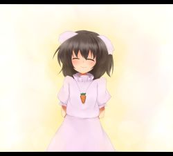 Rule 34 | 1girl, animal ears, arms behind back, bad id, bad pixiv id, black hair, blush, rabbit ears, carrot, carrot necklace, closed eyes, female focus, inaba tewi, jewelry, letterboxed, mizuga, necklace, pendant, short hair, smile, solo, touhou