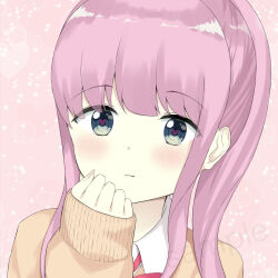Rule 34 | 1girl, 7 calpis 7, blush, brown sweater, clip studio paint (medium), closed mouth, collared shirt, commentary request, grey eyes, hand up, heart, heart-shaped pupils, long sleeves, looking at viewer, original, pink background, pink hair, puffy long sleeves, puffy sleeves, sample watermark, school uniform, shirt, sidelocks, simple background, sleeves past wrists, solo, sweater, symbol-shaped pupils, watermark, white shirt