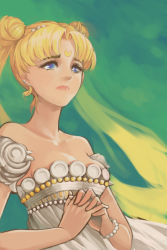 Rule 34 | 1girl, bad id, bad pixiv id, bead bracelet, beads, bishoujo senshi sailor moon, blonde hair, blue eyes, bracelet, crescent, crescent facial mark, double bun, dress, facial mark, forehead mark, green background, highres, jewelry, long hair, own hands clasped, own hands together, princess serenity, siann, solo, strapless, strapless dress, tsukino usagi, twintails, white dress
