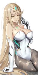 Rule 34 | 1girl, bare shoulders, blonde hair, breasts, chest jewel, cleavage, covered navel, elbow gloves, gem, gloves, headpiece, highres, jewelry, keisuke desu~, large breasts, leotard, long hair, mythra (massive melee) (xenoblade), mythra (xenoblade), pantyhose, skin tight, solo, strapless, strapless leotard, swept bangs, tiara, torn clothes, torn pantyhose, very long hair, xenoblade chronicles (series), xenoblade chronicles 2, yellow eyes